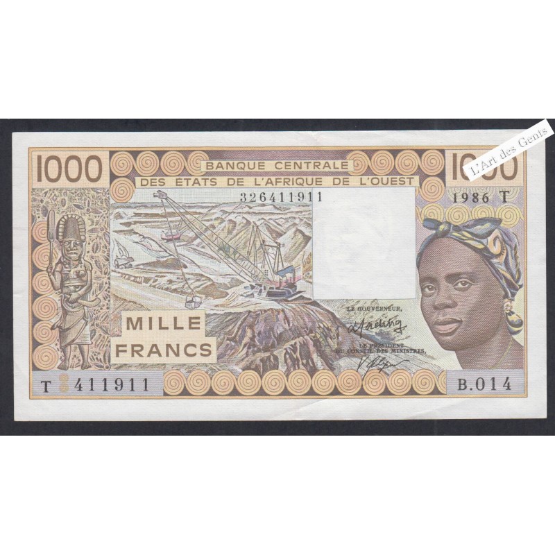 Billet Togo - 1000 Francs - n° B.014 411911 - 1986 - lartdesgents.fr