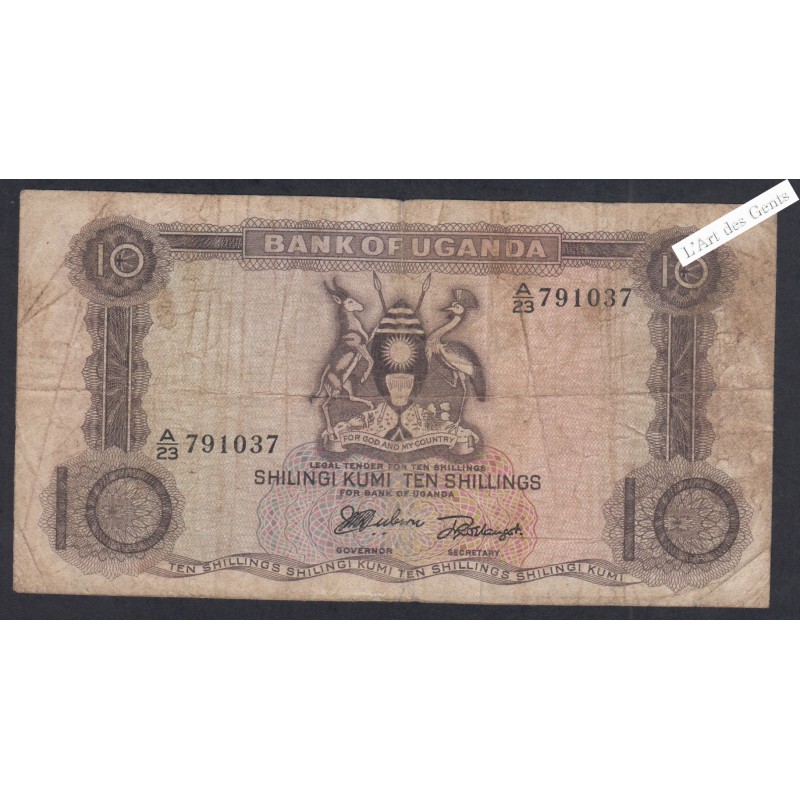 Billet Ouganda - 10 Shillings - A/23 7910371 - 1966 - lartdesgents.fr