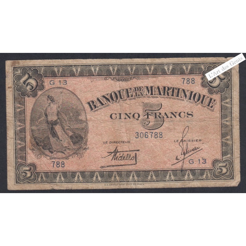Billet Martinique  - 5 Francs  - G.13 788 - 1942 - P.16B - lartdesgents.fr