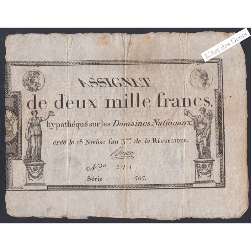 Billet Assignat - 2000 Francs  - n°214 - série 565 - An 3 -  lartdesgents.fr
