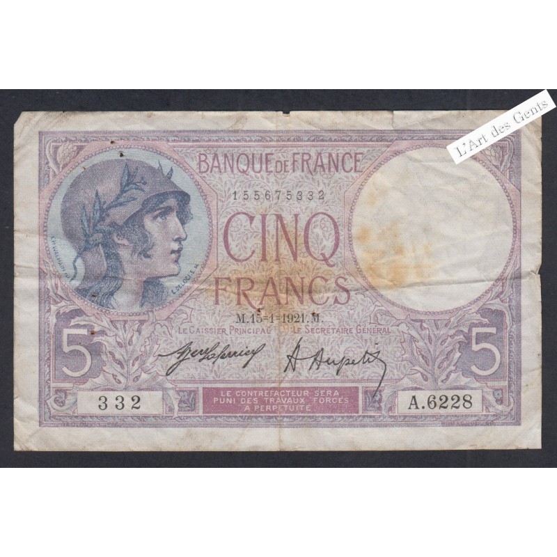 Billet 5 Francs Violet- n°A.6228 332 - 1921 -  lartdesgents.fr