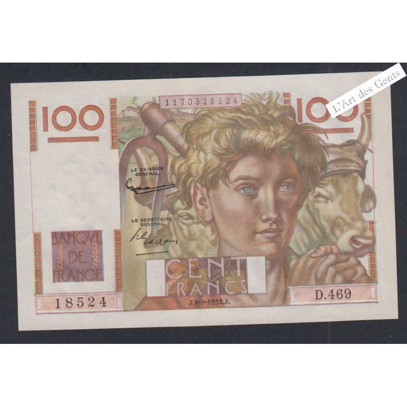 Billet 100 Francs Jeune Paysan - D.469 18524  - 1952 - SPL -  lartdesgents.fr