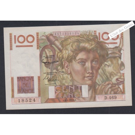 Billet 100 Francs Jeune Paysan - D.469 18524  - 1952 - SPL -  lartdesgents.fr