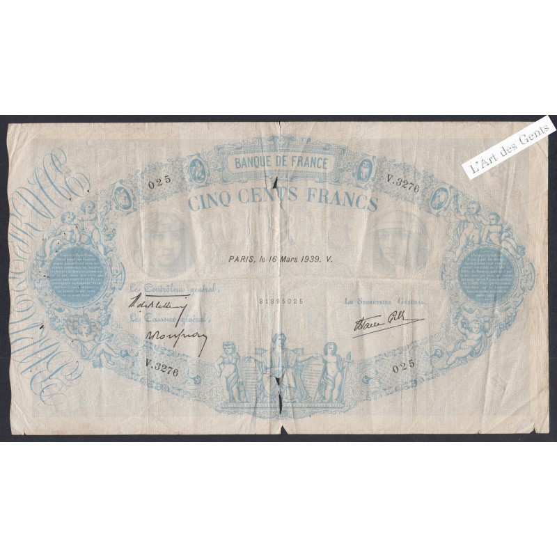 500 Francs Bleu et Rose - V.3276 025 - 1939 -  lartdesgents.fr