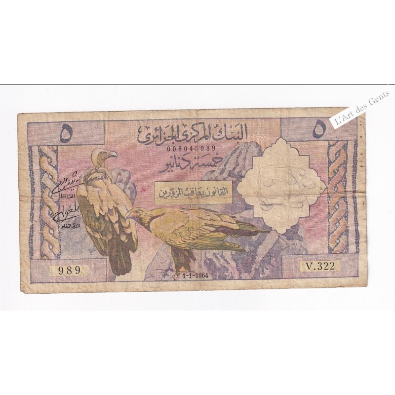 billet d'Algérie 5 DINARS 01-01-1964 V.322 989 TB, lartdesgents.fr