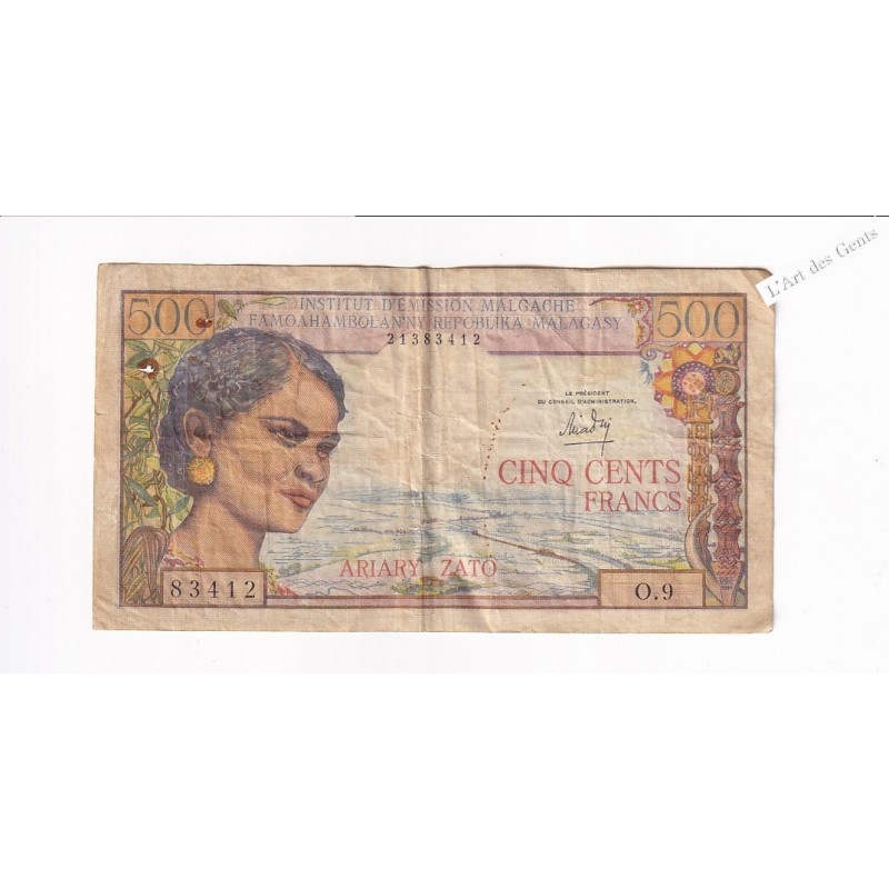 Billet Madagascar 500 Francs 1966 - 0.9 83412 -  lartdesgents.fr
