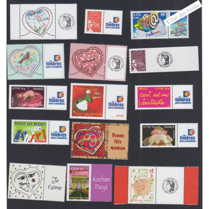 Lot 15 timbres personnalisés 2000-2008 - Neuf** - lartdesgents.fr
