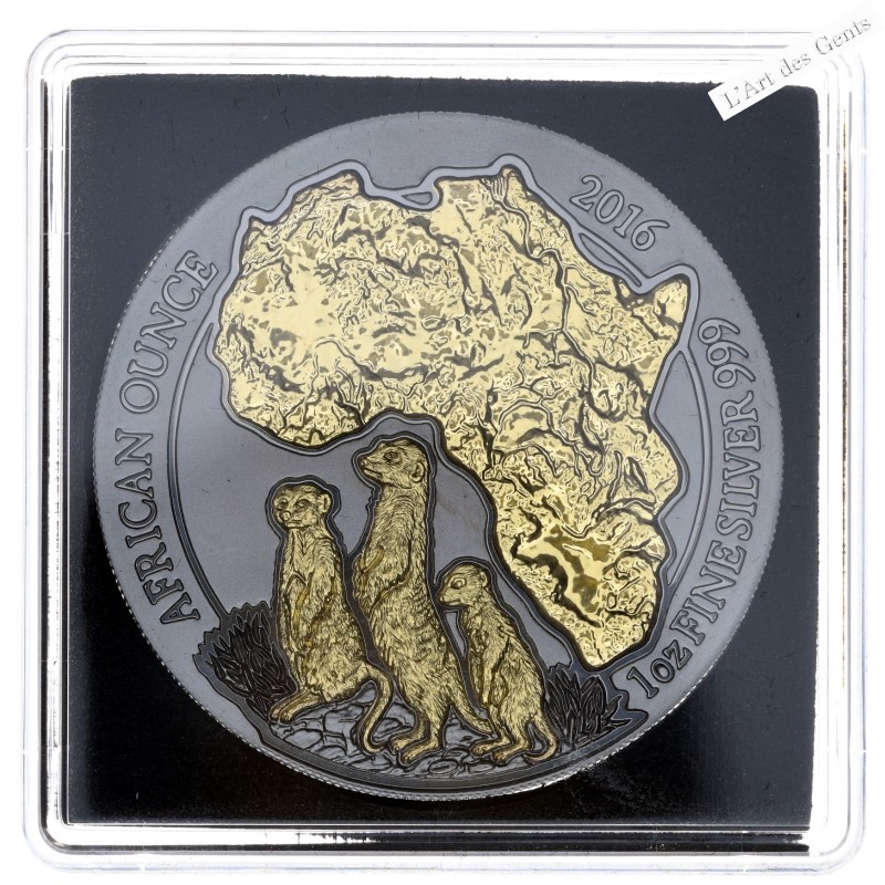 Coffret Golden Enigma Rwanda 2016 African suricate, 1 oz argent or 24 k ruthénium, lartdesgents.fr