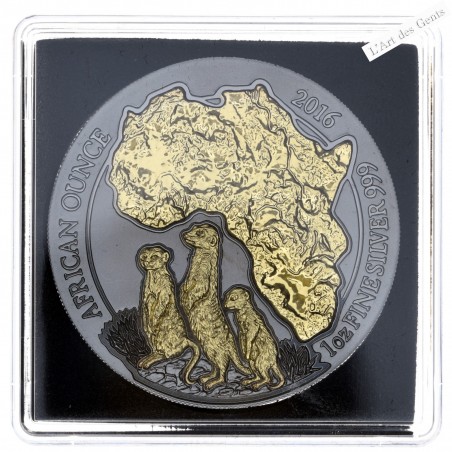 Coffret Golden Enigma Rwanda 2016 African suricate, 1 oz argent or 24 k ruthénium, lartdesgents.fr