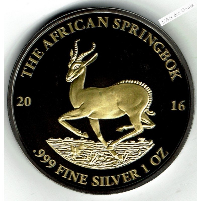 Coffret Golden Enigma GABON 2016 African SPRINGBOK, 1 oz argent or 24 k ruthénium, lartdesgents.fr