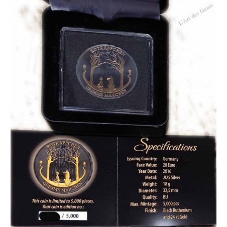 Coffret Golden Enigma Allemagne, 2016, 20 euros argent, Petit Chaperon Rouge/ or 24 k ruthénium, lartdesgents.fr