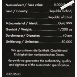 Big Five Tchad 2020 éléphant d'Afrique 1/200 oz épreuve or 5000 francs, lartdesgents.fr