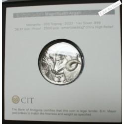 Coffret 500 Togrog 2022 Argali MONGOLIE, once argent .999 CIT, lartdesgents.fr