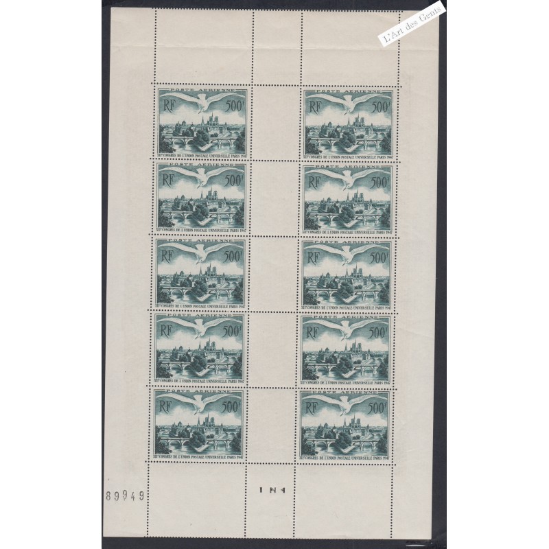 Feuillet 10 Timbres Poste Aérienne n°F20 - Neuf**  cote 650 euros- lartdesgents.fr
