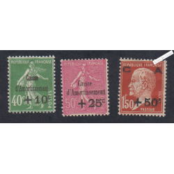 Timbres n°253-254-255- Caisse d'Amortissement 3ème série - 1929 - Neufs*  -  Cote 120 Euros lartdesgents.fr