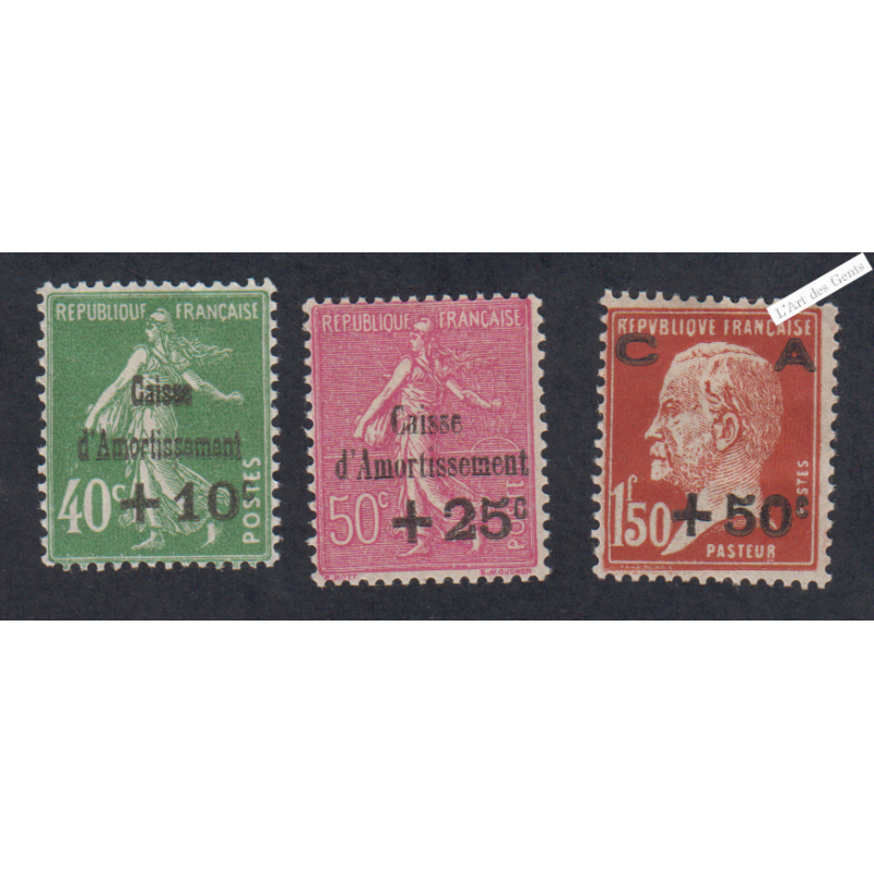 Timbres n°253-254-255- Caisse d'Amortissement 3ème série - 1929 - Neufs*  -  Cote 120 Euros lartdesgents.fr