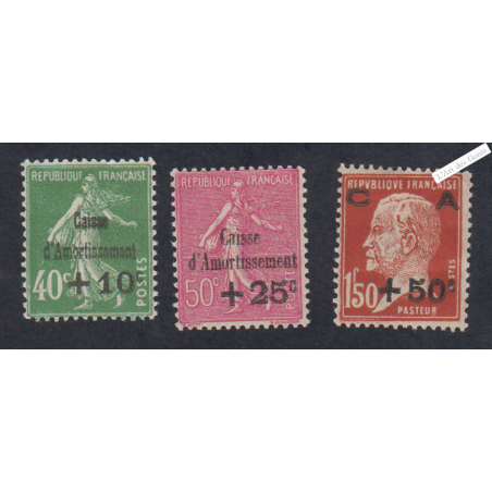 Timbres n°253-254-255- Caisse d'Amortissement 3ème série - 1929 - Neufs*  -  Cote 120 Euros lartdesgents.fr