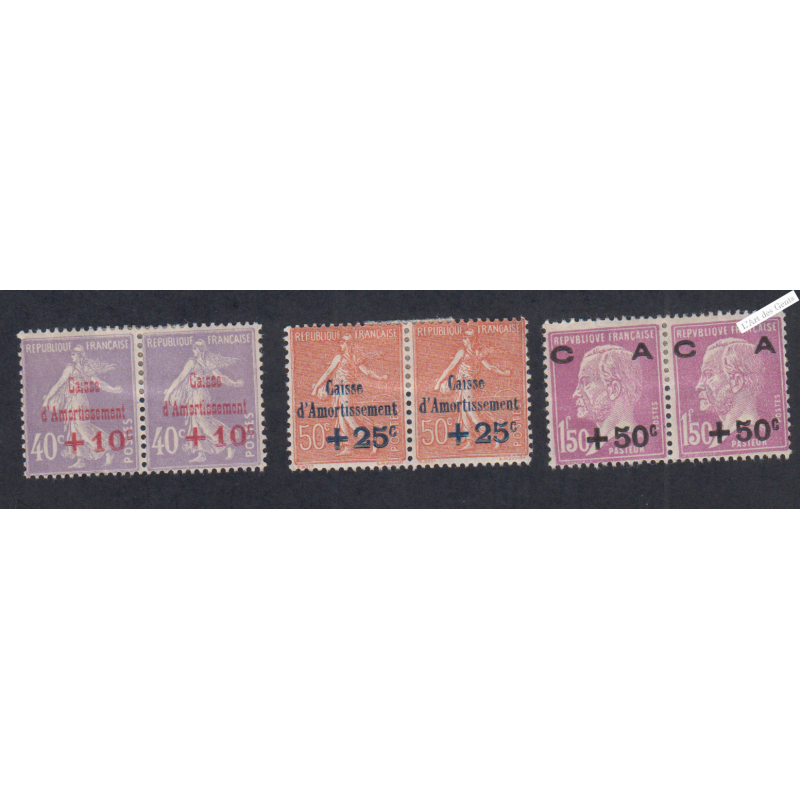 Paires Timbres n°249-250-251 Caisse Amortissement 2ème Série -1928 Neufs* -  Cote 214 Euros lartdesgents.fr