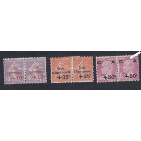 Paires Timbres n°249-250-251 Caisse Amortissement 2ème Série -1928 Neufs* -  Cote 214 Euros lartdesgents.fr