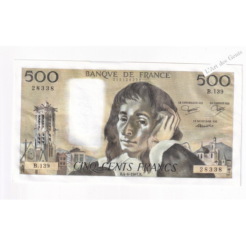 500 FRANCS PASCAL SUP+ 4-6-1981 alph. B139, lartdesgents.fr