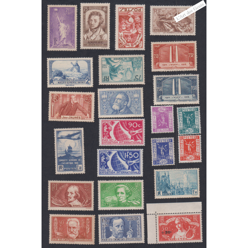 Série de 23 Timbres France n°309 et 333 sauf 314 et 312 - Neufs**  - cote 558 Euros - lartdesgents.fr