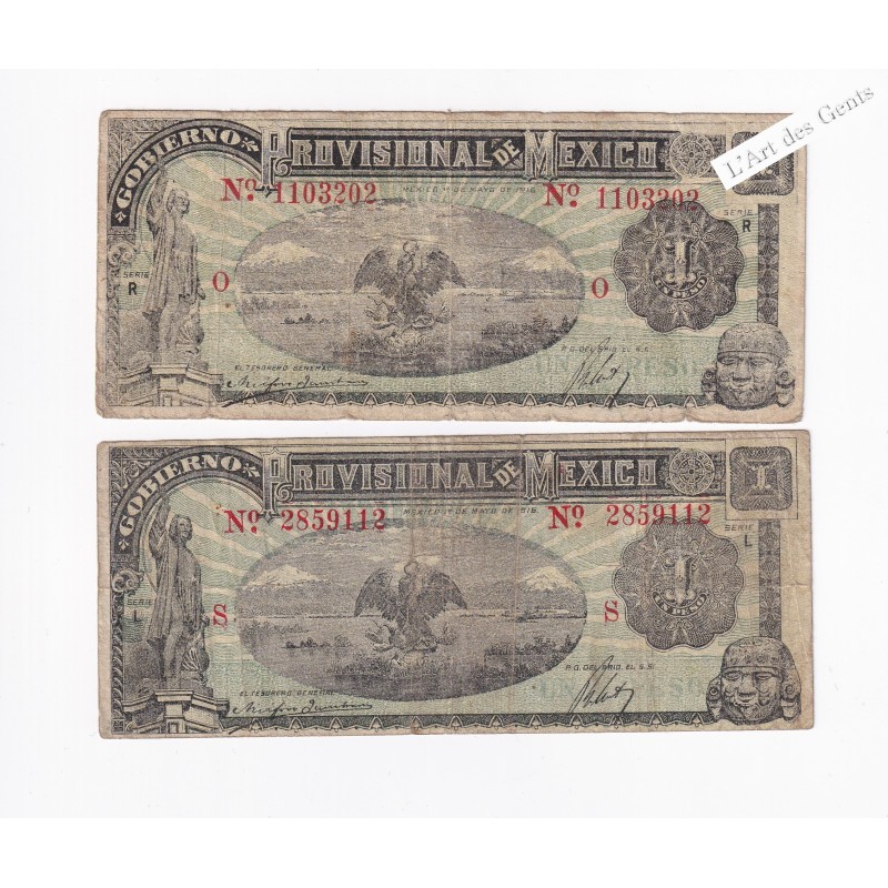 Mexico 1916 - 2 x 1 peso série O et S, Gobierno Provisional, lartdesgents.fr