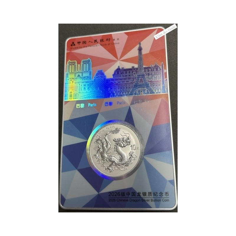 Chine 2026, 10 Yuan Dragon once argent .999 Salon Paris SNENNP, lartdesgents.fr