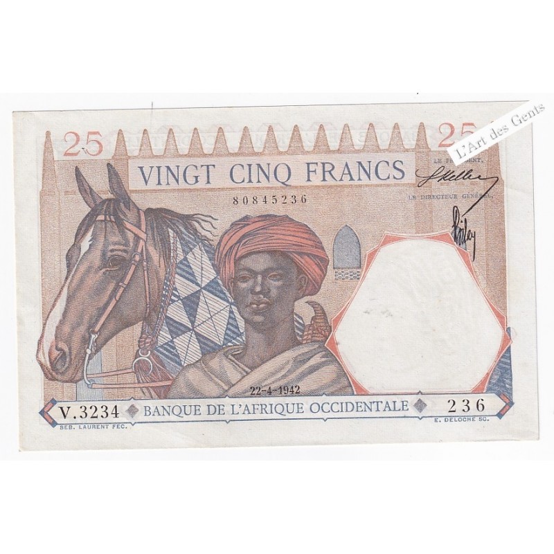 Billet 25 Francs 22-4-1942 neuf* Afrique Occidentale , lartdesgents.fr