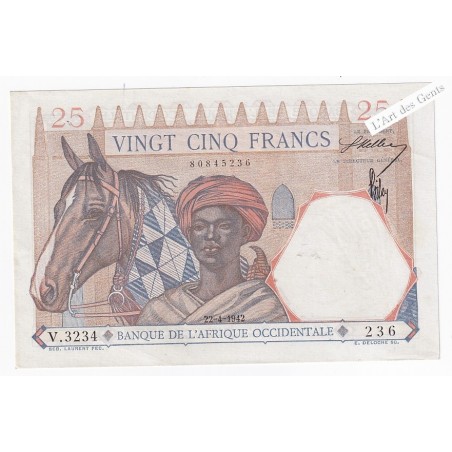 Billet 25 Francs 22-4-1942 neuf* Afrique Occidentale , lartdesgents.fr