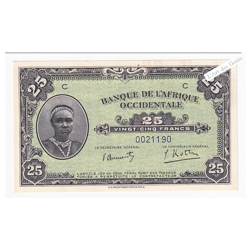 Billet 25 Francs 14 décembre 1942 neuf* Afrique Occidentale , lartdesgents.fr