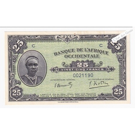 Billet 25 Francs 14 décembre 1942 neuf* Afrique Occidentale , lartdesgents.fr