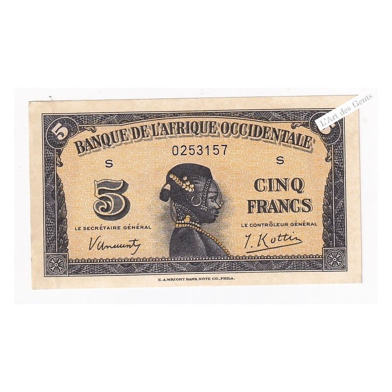 Billet 5 Francs 14 décembre 1942 p/Neuf, N° S 0253157 Afrique Occidentale , lartdesgents.fr