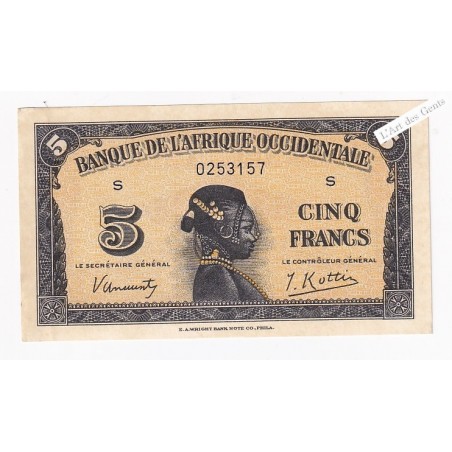 Billet 5 Francs 14 décembre 1942 p/Neuf, N° S 0253157 Afrique Occidentale , lartdesgents.fr