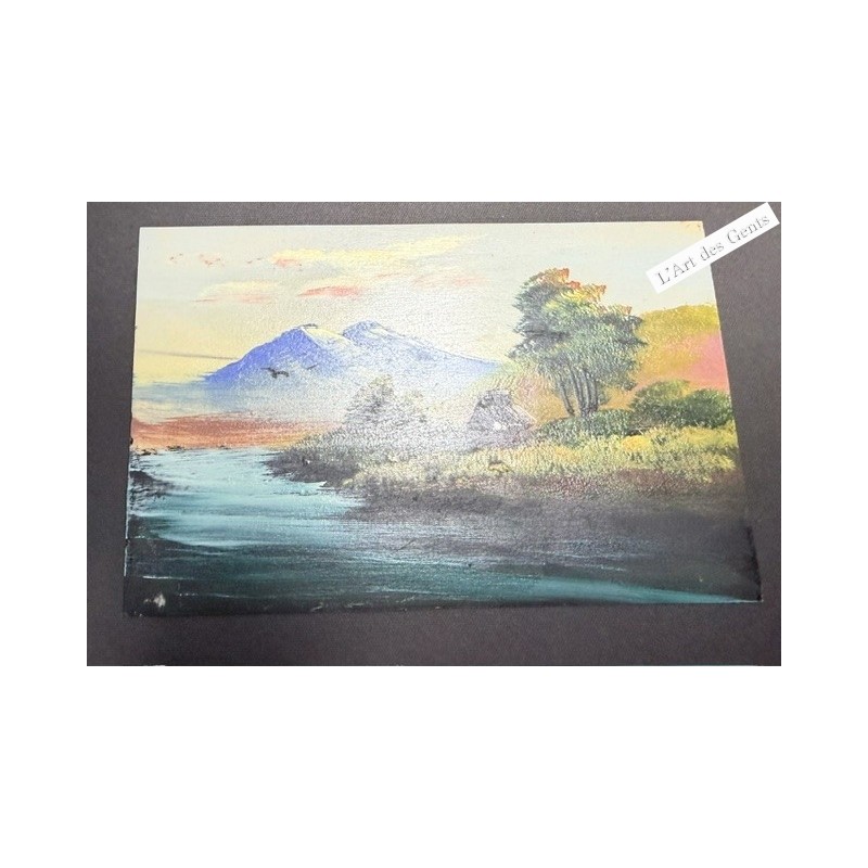 2 Cartes postales japonaise représentant une peinture à l'huile peinte à la main d'un paysage de montagne