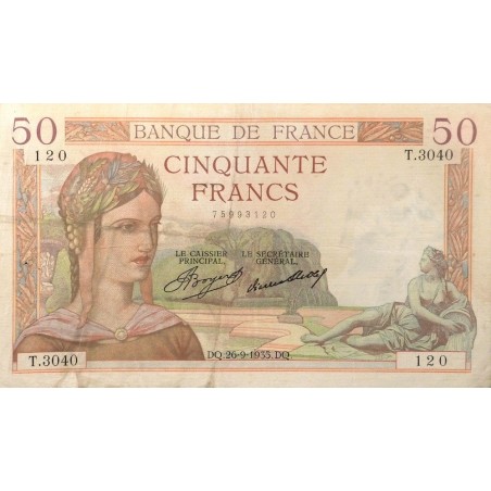 50 Francs Cérès 26-09-1935  TTB  Fayette 17.17