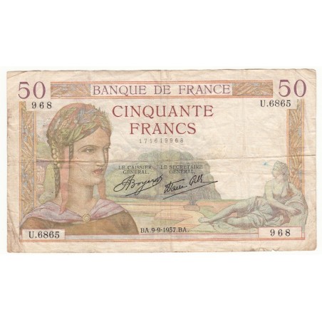 50 Francs Cérès 09-09-1937   TB   Fayette 18.3