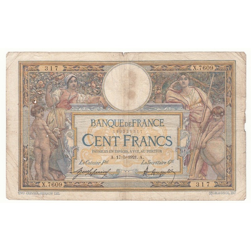 100 Francs Luc Olivier Merson 17-05-1921 TB