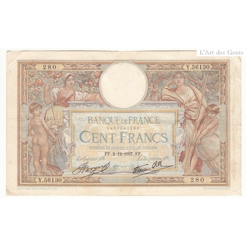 100 Francs Luc Olivier Merson 02-12-1937 Fayette 24.16