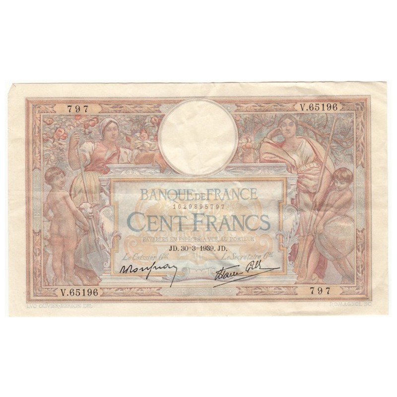 100 Francs Luc Olivier Merson 30-03-1939 TTB+ Fayette 25.45