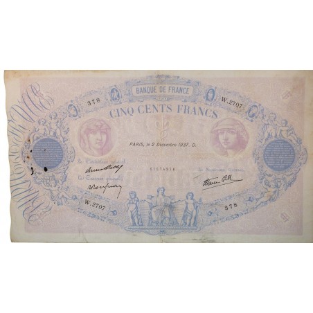 500 Francs Bleu et Rose 02-12-1937 TB Fayette 31.4